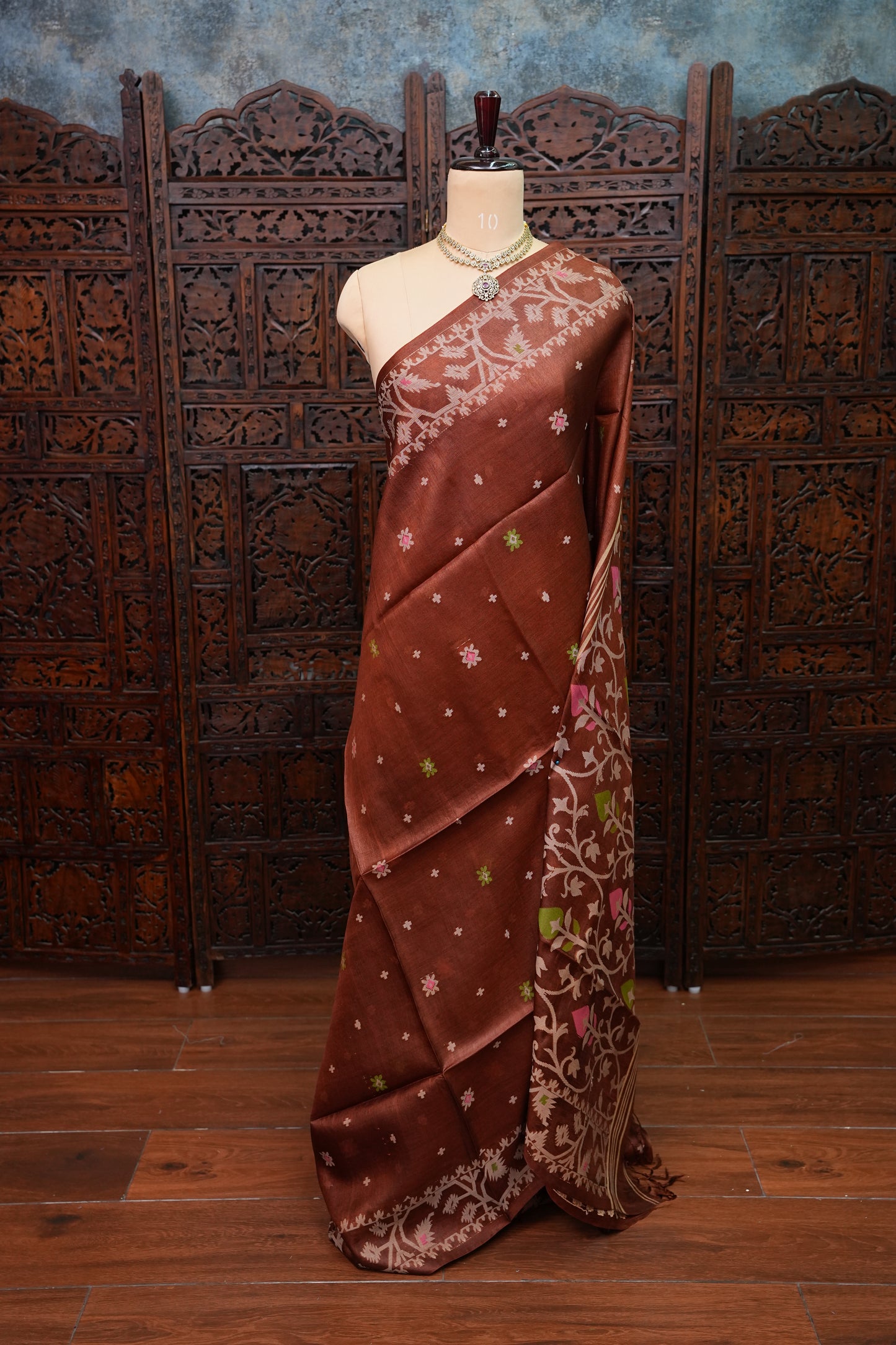 Pure Tussar Silk Saree with Jamdani Concept Weaving – Chocolate Brown | Silk Mark Certified