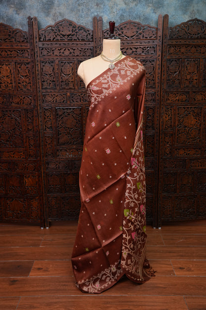 Pure Tussar Silk Saree with Jamdani Concept Weaving – Chocolate Brown | Silk Mark Certified