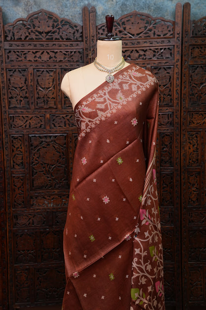 Pure Tussar Silk Saree with Jamdani Concept Weaving – Chocolate Brown | Silk Mark Certified