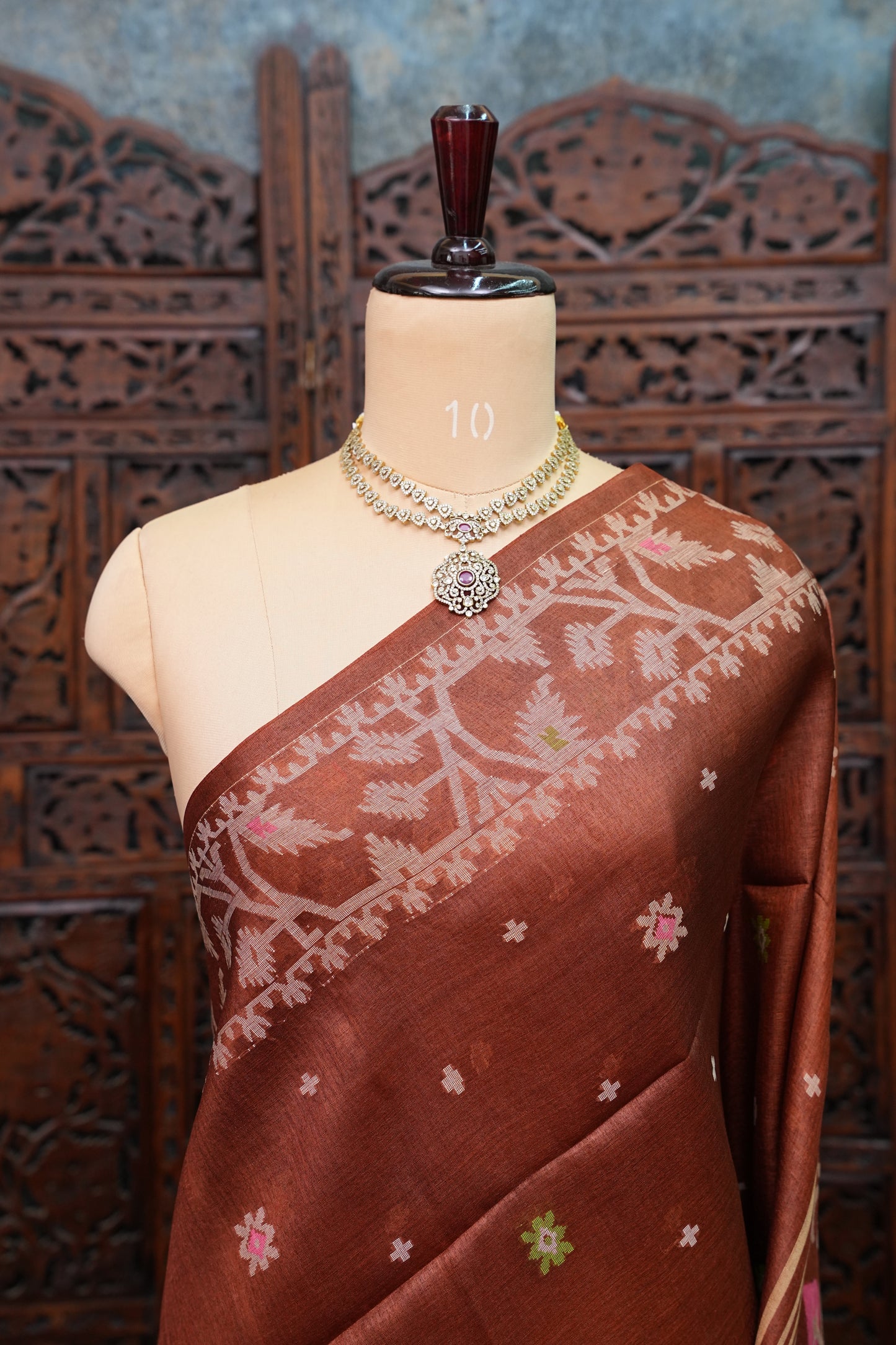 Pure Tussar Silk Saree with Jamdani Concept Weaving – Chocolate Brown | Silk Mark Certified