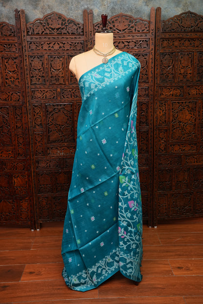 Pure Tussar Silk Saree with Jamdani Concept Weaving – Teal Blue | Silk Mark Certified