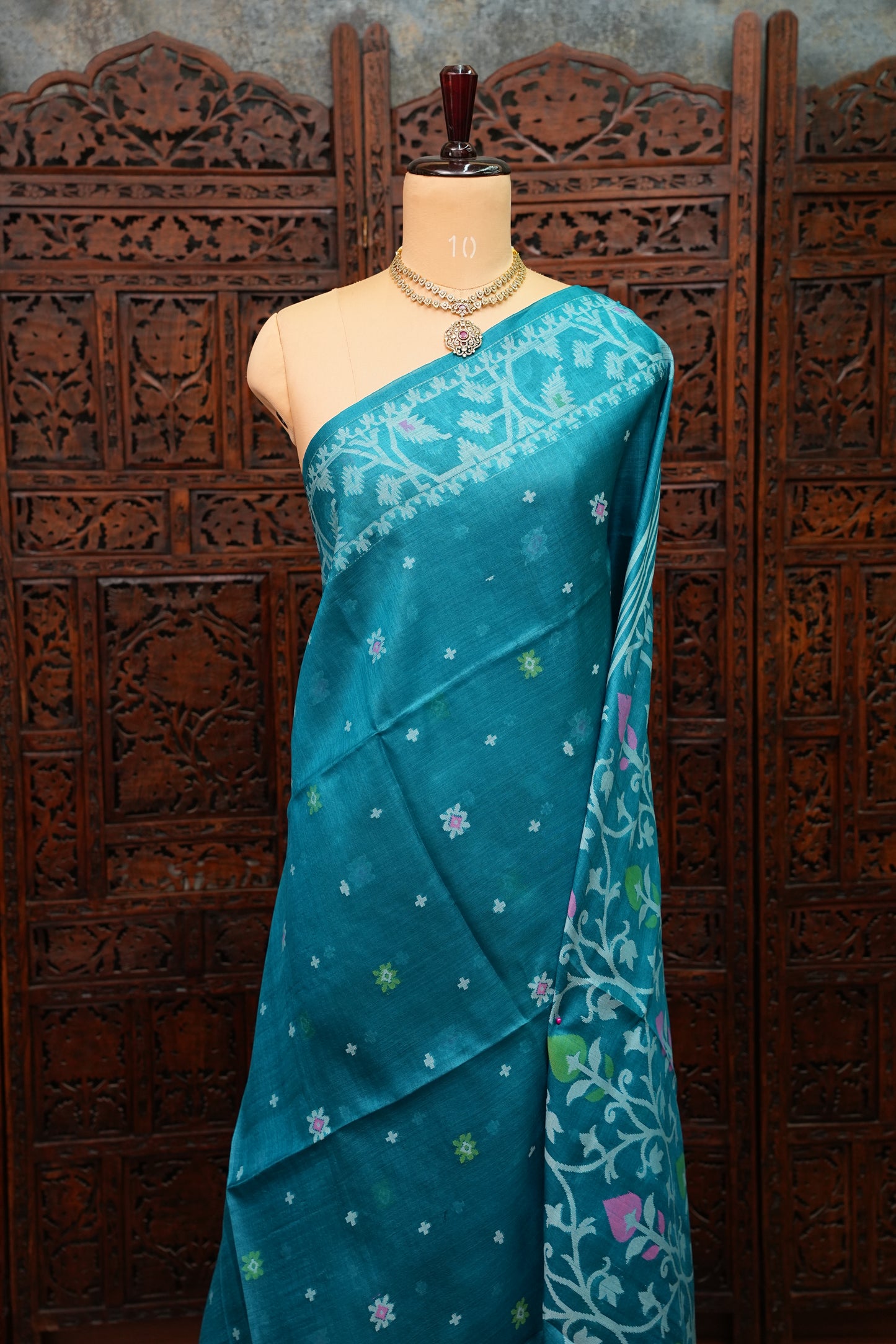 Pure Tussar Silk Saree with Jamdani Concept Weaving – Teal Blue | Silk Mark Certified