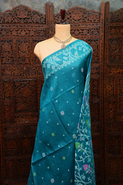 Pure Tussar Silk Saree with Jamdani Concept Weaving – Teal Blue | Silk Mark Certified