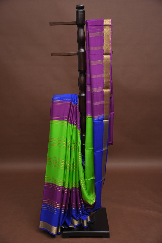 Pure Crepe Mysore Silk Saree - Parrot Green With Blue & Purple TriColor Combination