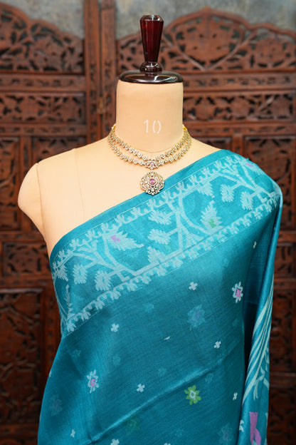 Pure Tussar Silk Saree with Jamdani Concept Weaving – Teal Blue | Silk Mark Certified