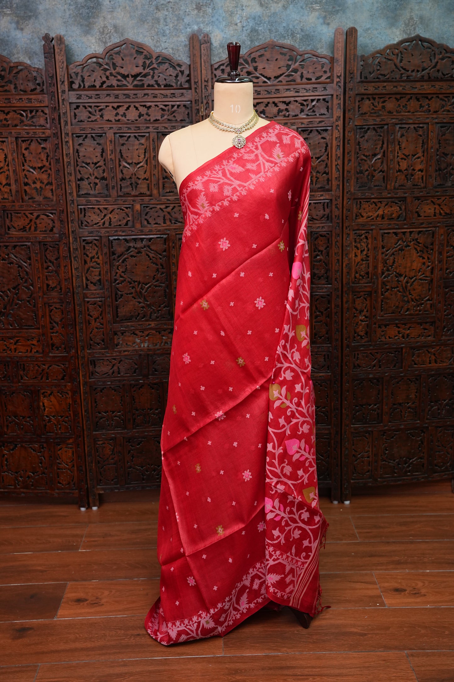 Pure Tussar Silk Saree with Jamdani Concept Weaving – Crimson Red | Silk Mark Certified