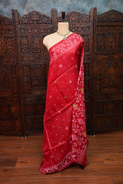 Pure Tussar Silk Saree with Jamdani Concept Weaving – Crimson Red | Silk Mark Certified