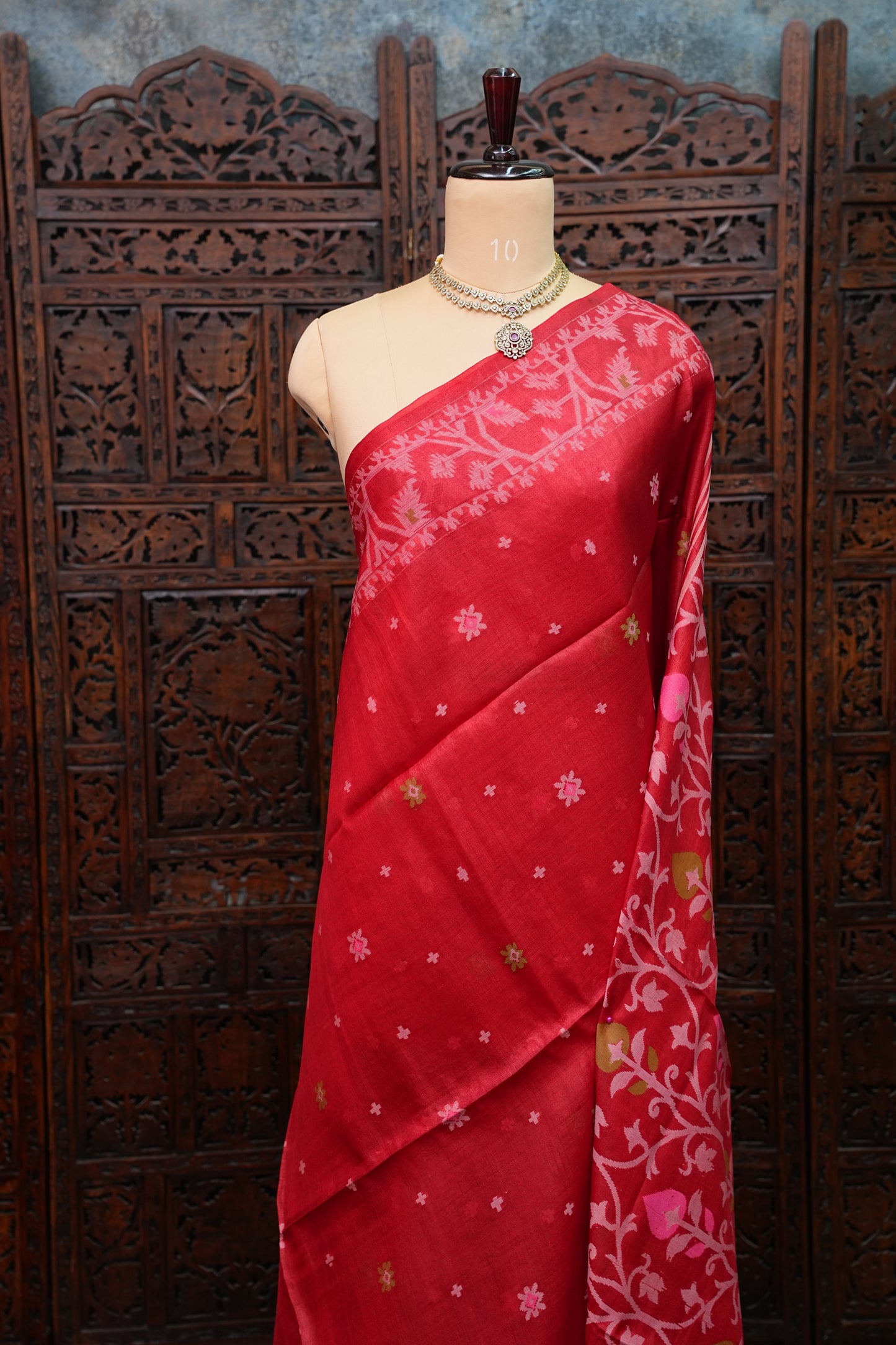 Pure Tussar Silk Saree with Jamdani Concept Weaving – Crimson Red | Silk Mark Certified