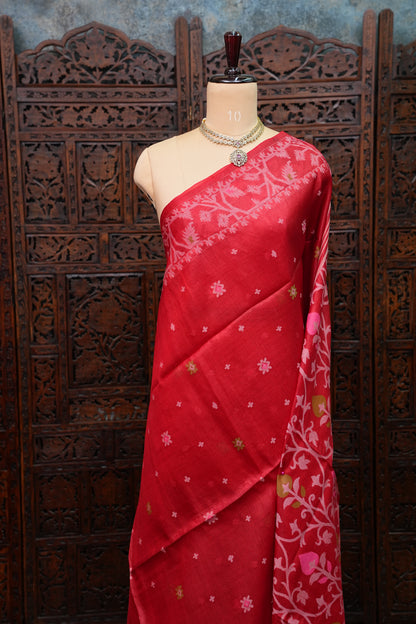 Pure Tussar Silk Saree with Jamdani Concept Weaving – Crimson Red | Silk Mark Certified