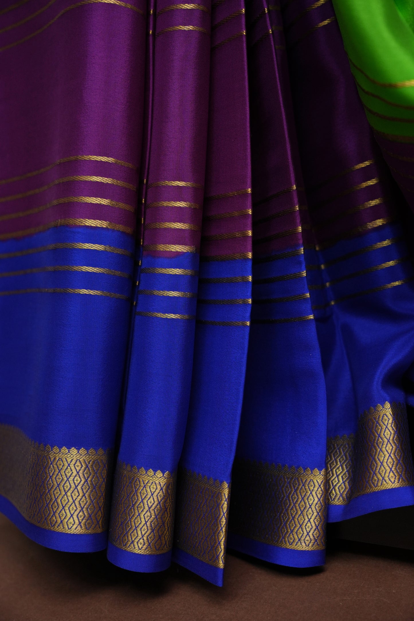 Pure Crepe Mysore Silk Saree - Parrot Green With Blue & Purple TriColor Combination