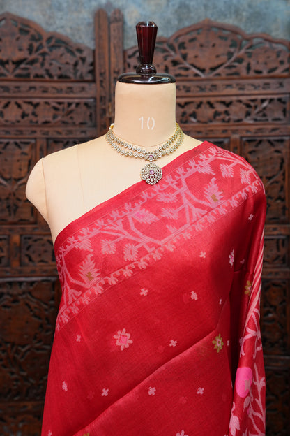 Pure Tussar Silk Saree with Jamdani Concept Weaving – Crimson Red | Silk Mark Certified