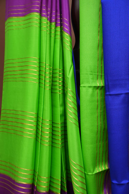Pure Crepe Mysore Silk Saree - Parrot Green With Blue & Purple TriColor Combination