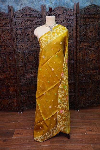 Pure Tussar Silk Saree with Jamdani Concept Weaving – Mustard Yellow | Silk Mark Certified