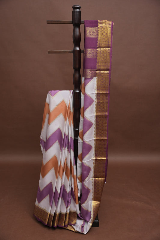 Pure Crepe Mysore Silk Saree - Ivory and Deep Purple