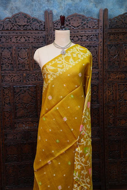 Pure Tussar Silk Saree with Jamdani Concept Weaving – Mustard Yellow | Silk Mark Certified