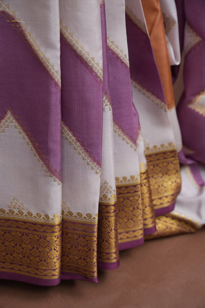 Pure Crepe Mysore Silk Saree - Ivory and Deep Purple