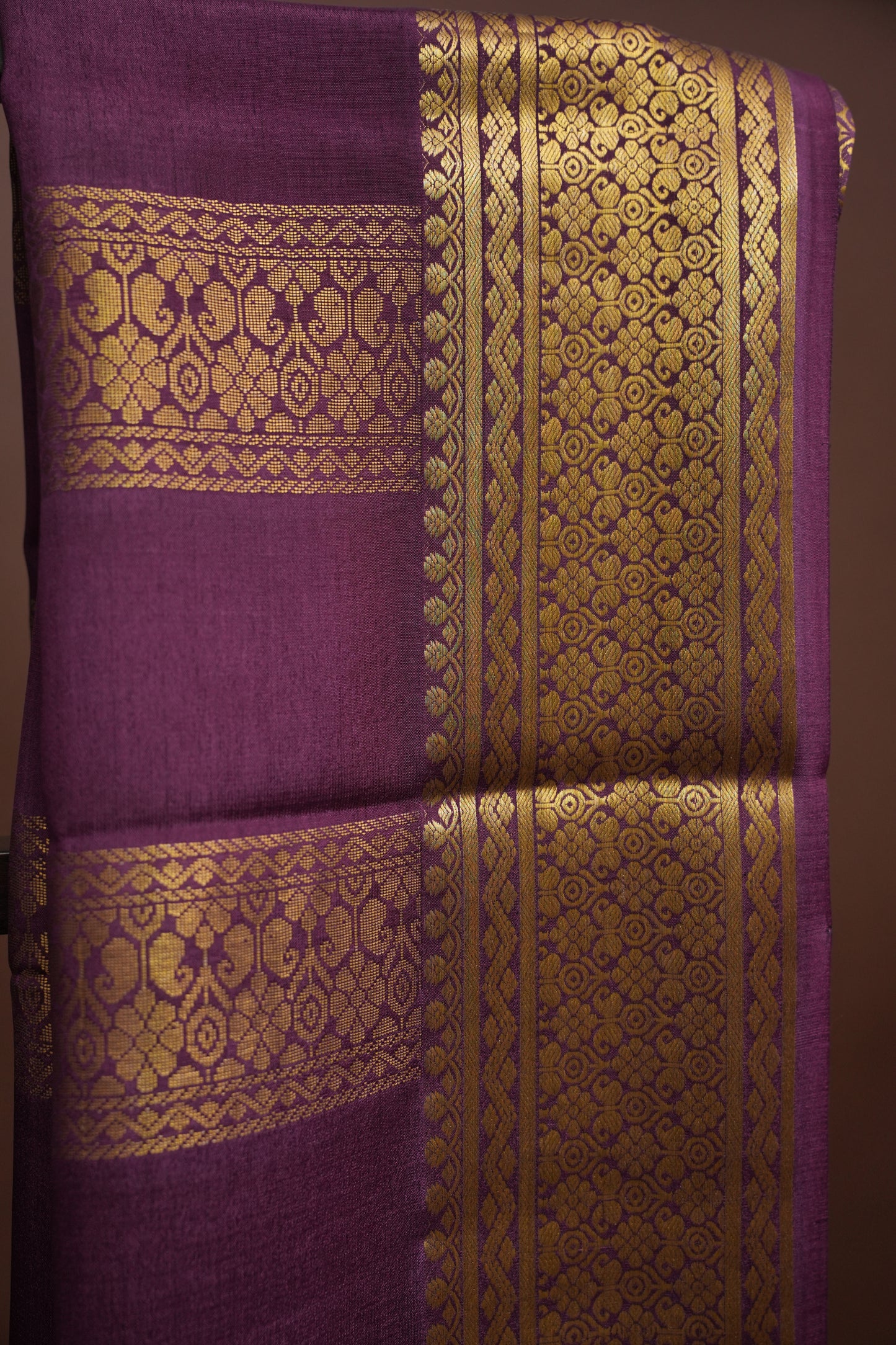 Pure Crepe Mysore Silk Saree - Ivory and Deep Purple