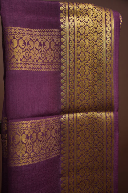 Pure Crepe Mysore Silk Saree - Ivory and Deep Purple