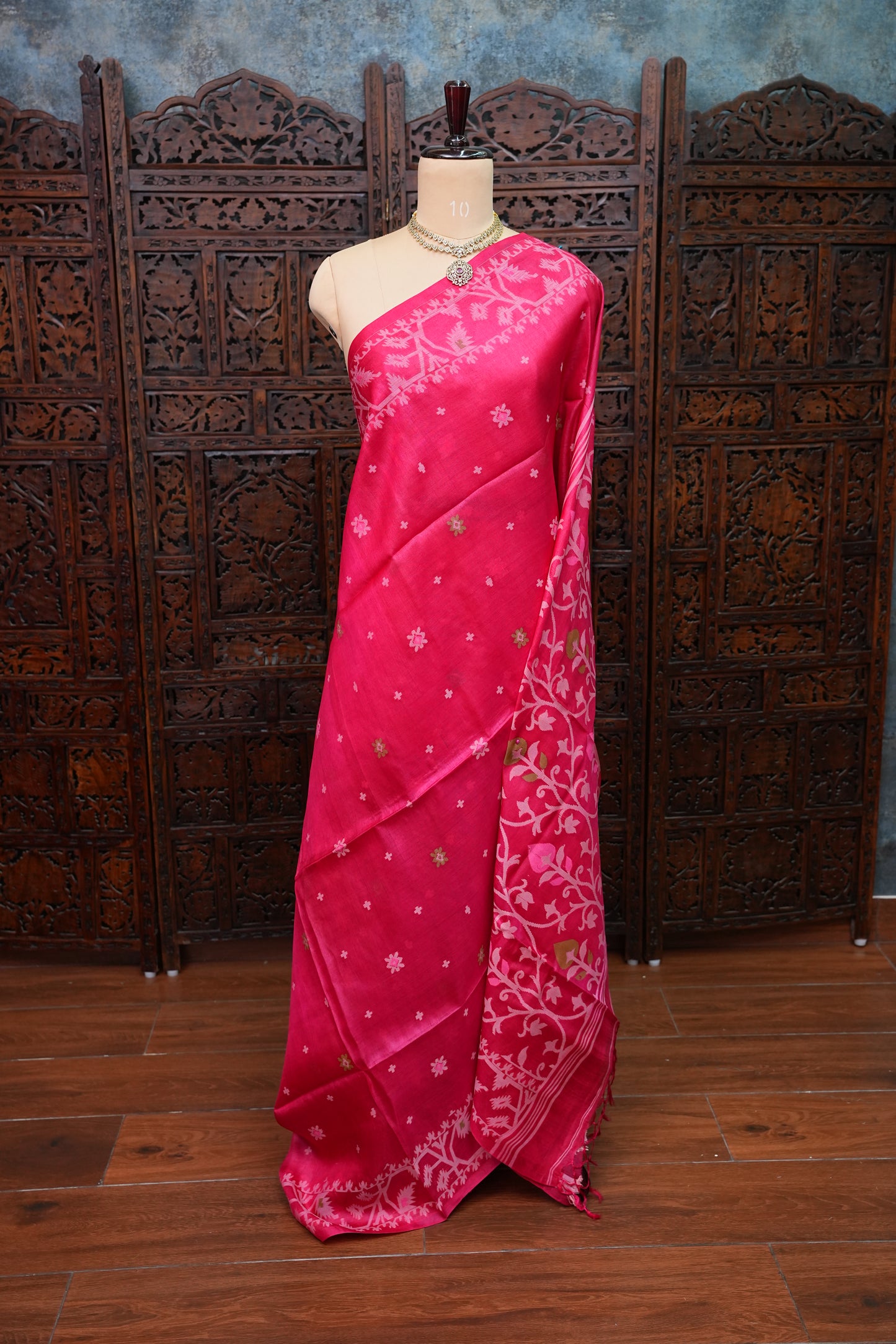 Pure Tussar Silk Saree with Jamdani Concept Weaving – Rani Pink | Silk Mark Certified