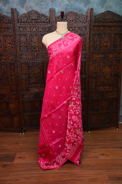 Pure Tussar Silk Saree with Jamdani Concept Weaving – Rani Pink | Silk Mark Certified
