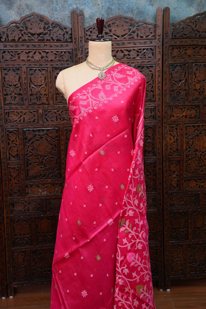 Pure Tussar Silk Saree with Jamdani Concept Weaving – Rani Pink | Silk Mark Certified