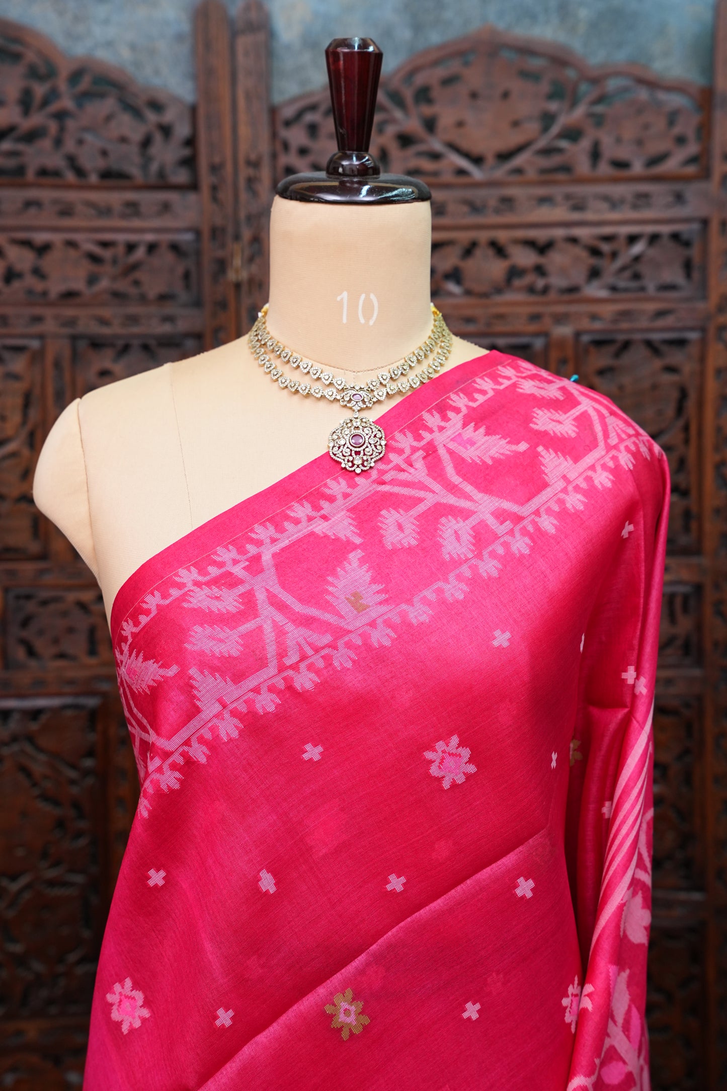 Pure Tussar Silk Saree with Jamdani Concept Weaving – Rani Pink | Silk Mark Certified