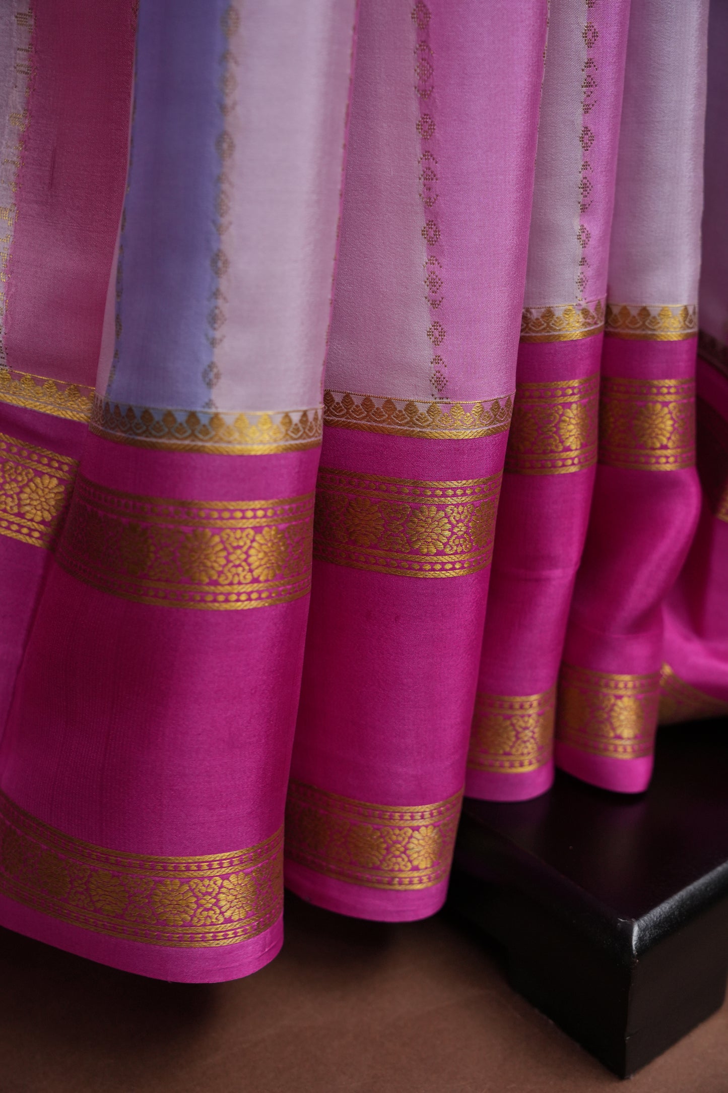 Pure Crepe Mysore Silk Saree - Pink & Powder Blue Pastel Stripes