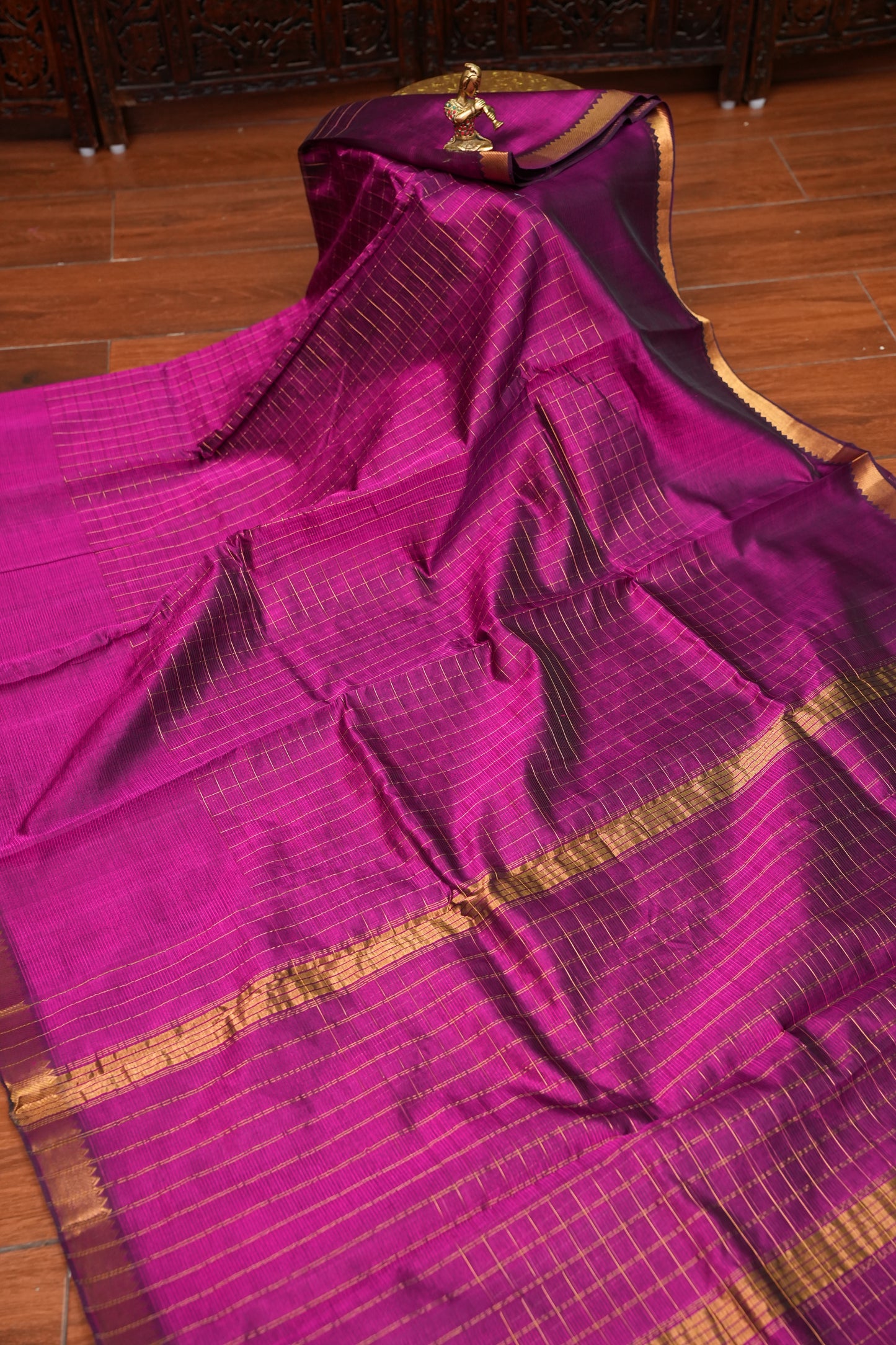 Pure Pattu Mangalagiri Silk Saree – Rani Pink with Gold Zari Checks