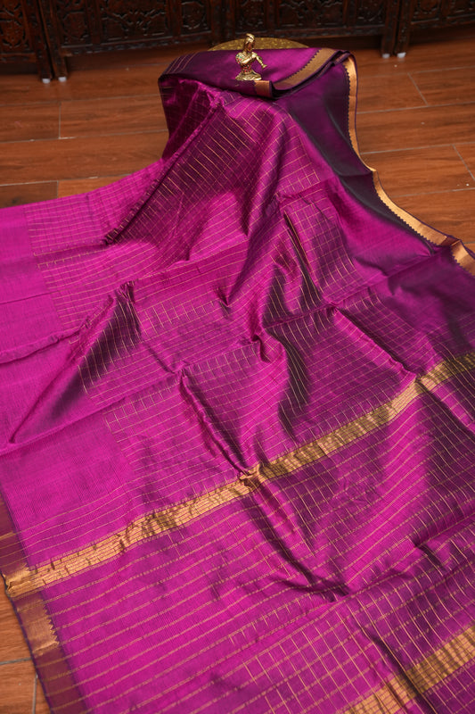 Pure Pattu Mangalagiri Silk Saree – Rani Pink with Gold Zari Checks