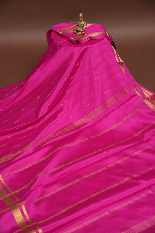 Plain Pure Crepe Mysore Silk Saree With Retta Pet Border - Hot Pink