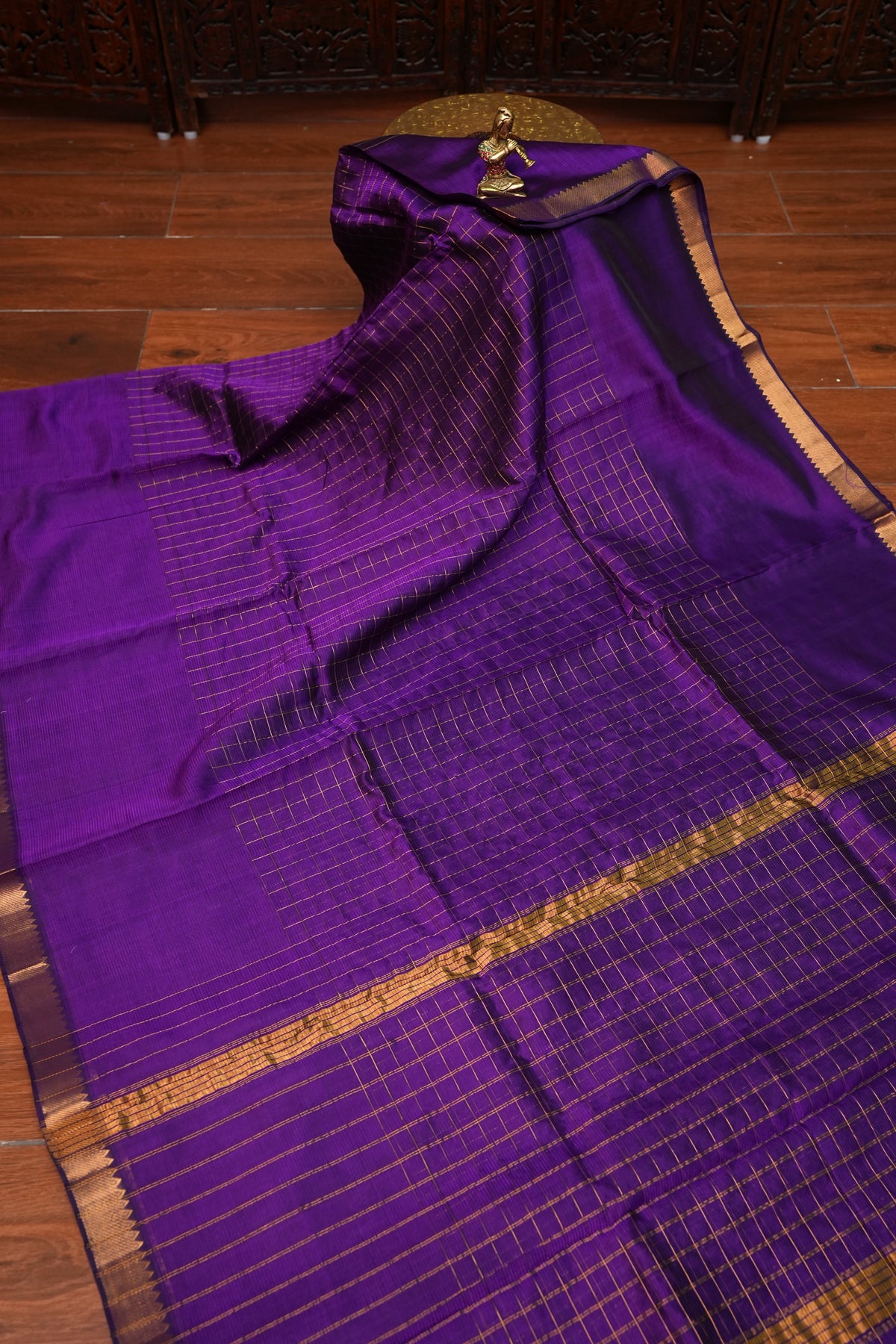 Pure Pattu Mangalagiri Silk Saree – Royal Purple with Gold Zari Checks