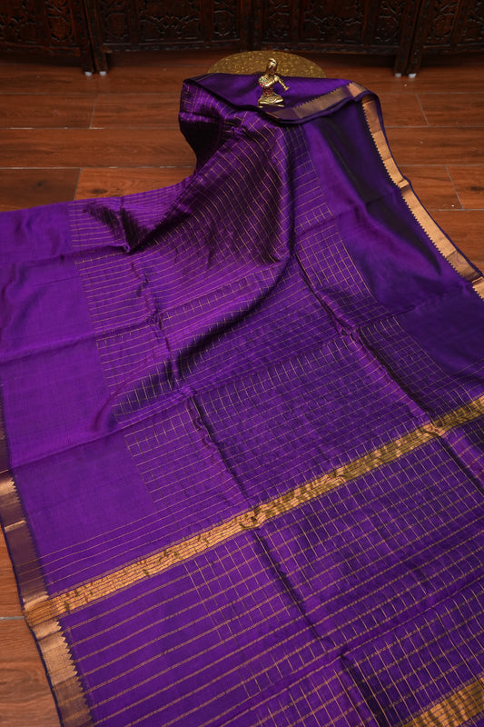 Pure Pattu Mangalagiri Silk Saree – Royal Purple with Gold Zari Checks