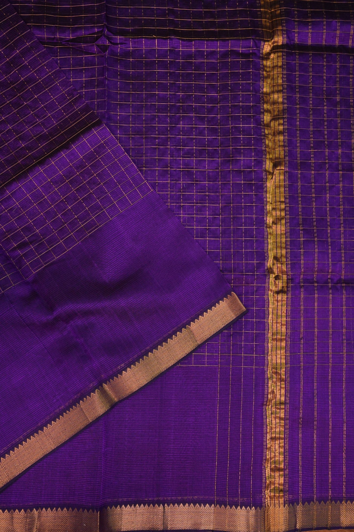 Pure Pattu Mangalagiri Silk Saree – Royal Purple with Gold Zari Checks