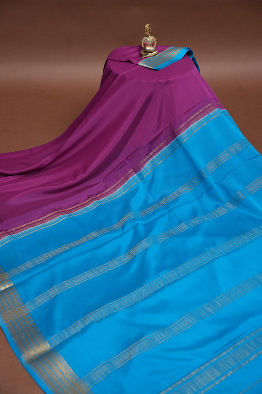 Plain Pure Crepe Mysore Silk Saree With Contrast Blue Retta Pet Border - Purple