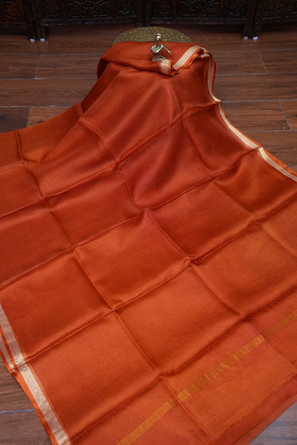 Silk Kota Saree with Zari Border – Rust Orange