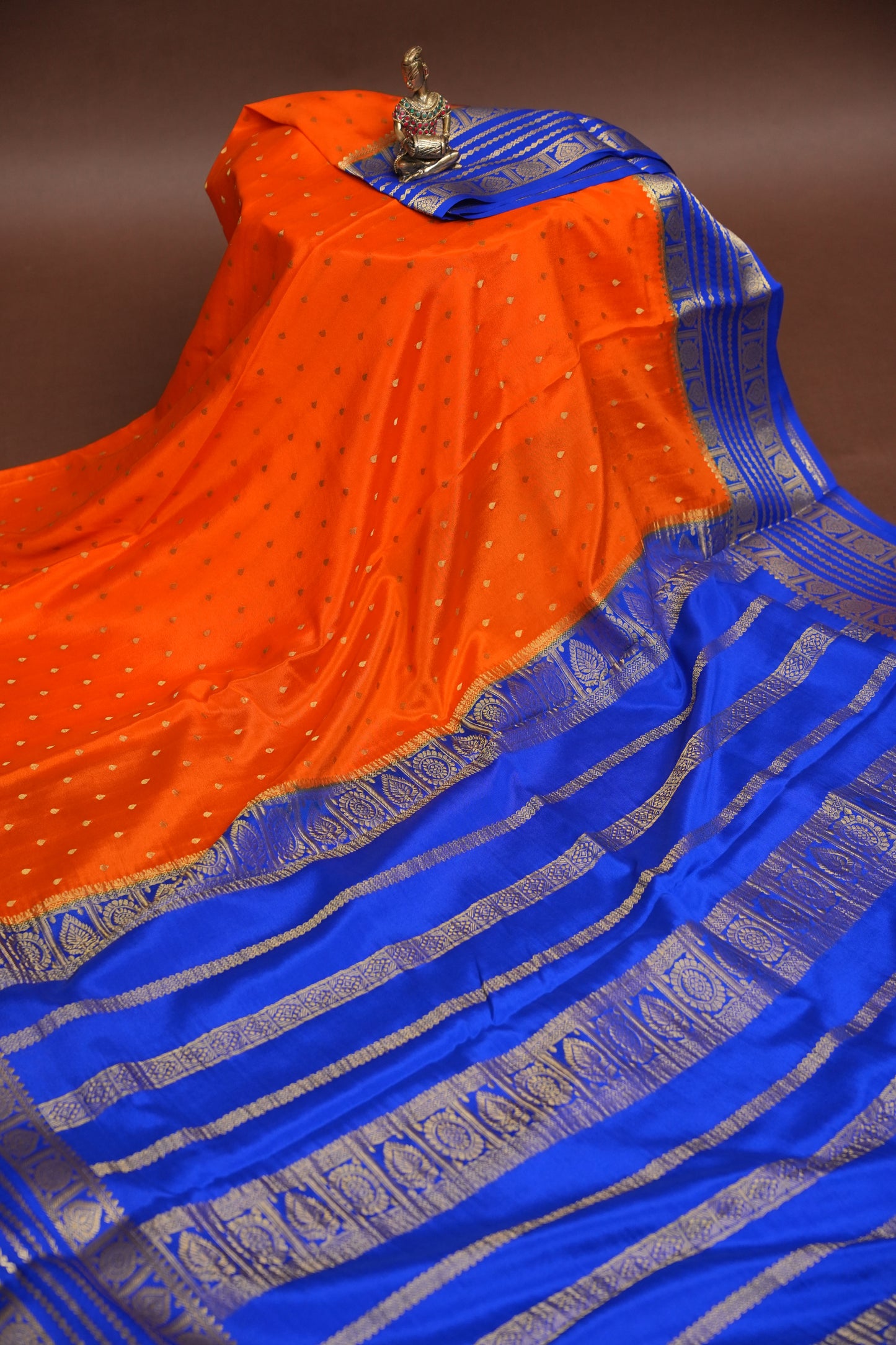 Pure Crepe Mysore Silk Saree in Orange With Contrast Ink Blue Border