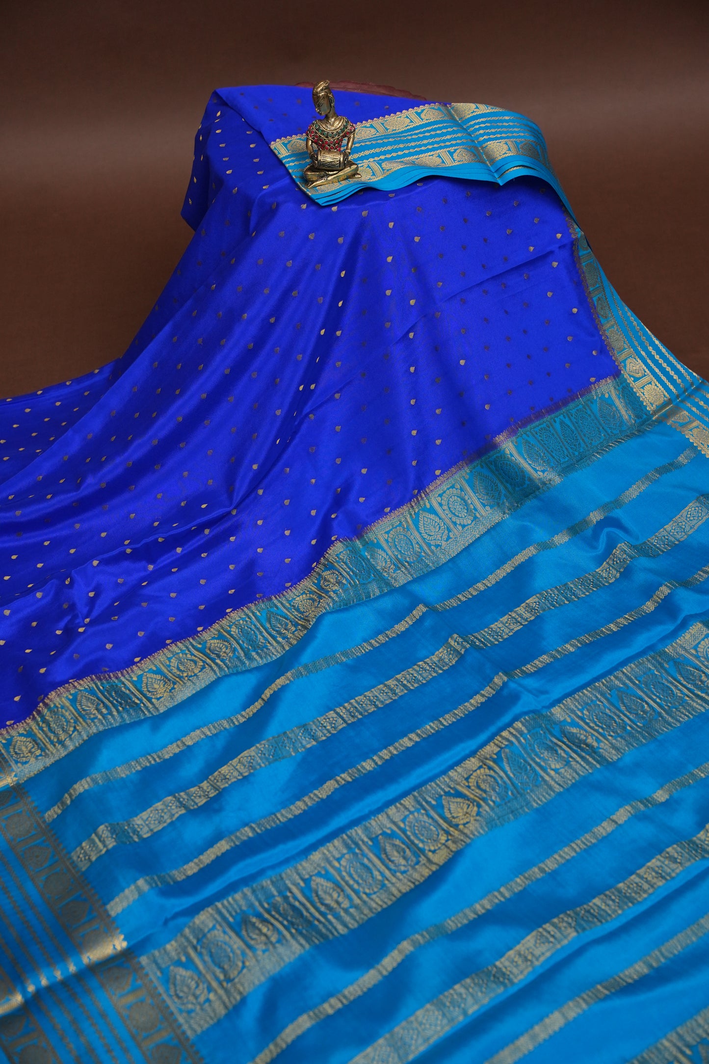 Pure Crepe Mysore Silk Saree in Ink Blue With Contrast Sky Blue Border