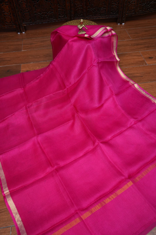 Silk Kota Saree with Zari Border – Rani Pink