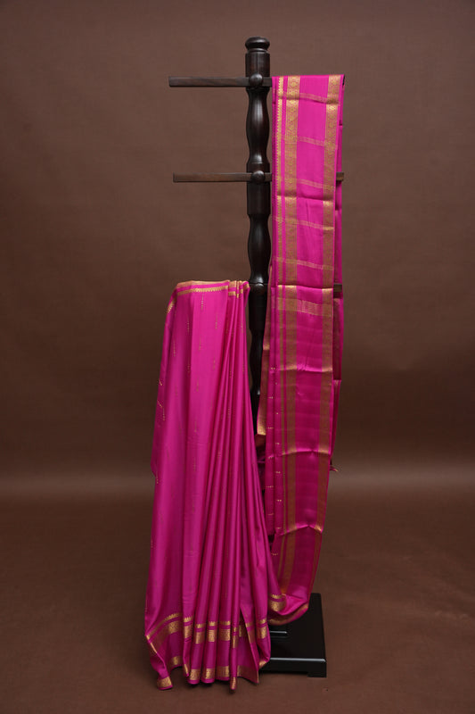 Plain Pure Crepe Mysore Silk Saree With Retta Pet Border - Hot Pink