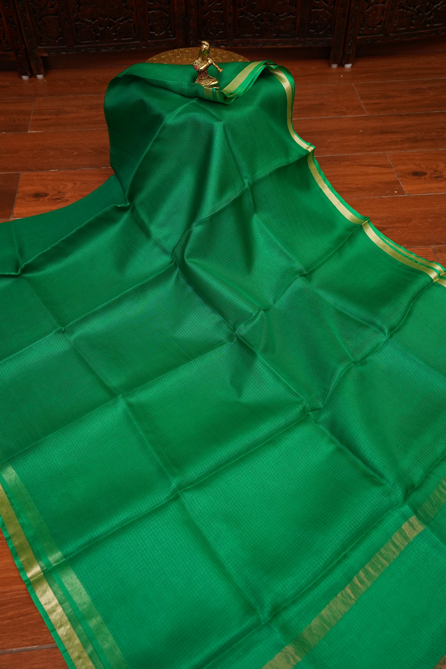 Silk Kota Saree with Gold Zari Border – Emerald Green