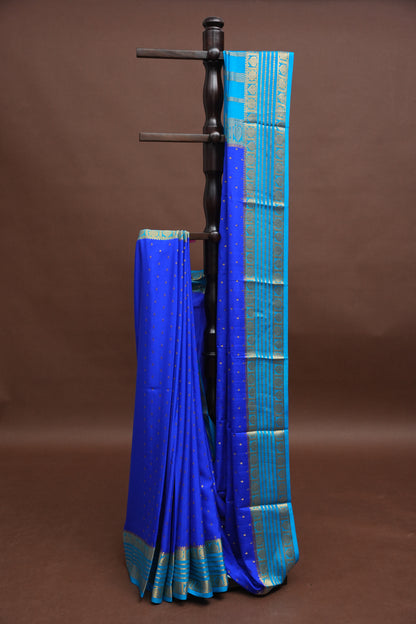 Pure Crepe Mysore Silk Saree in Ink Blue With Contrast Sky Blue Border