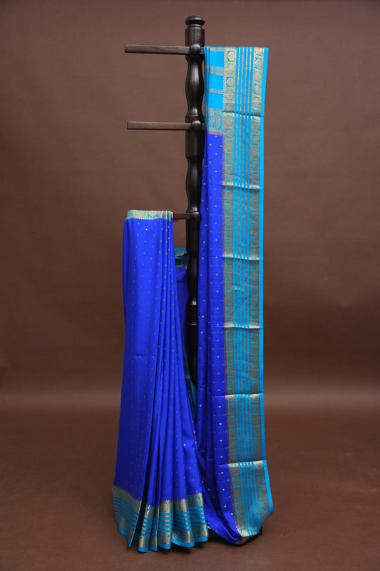 Pure Crepe Mysore Silk Saree in Ink Blue With Contrast Sky Blue Border