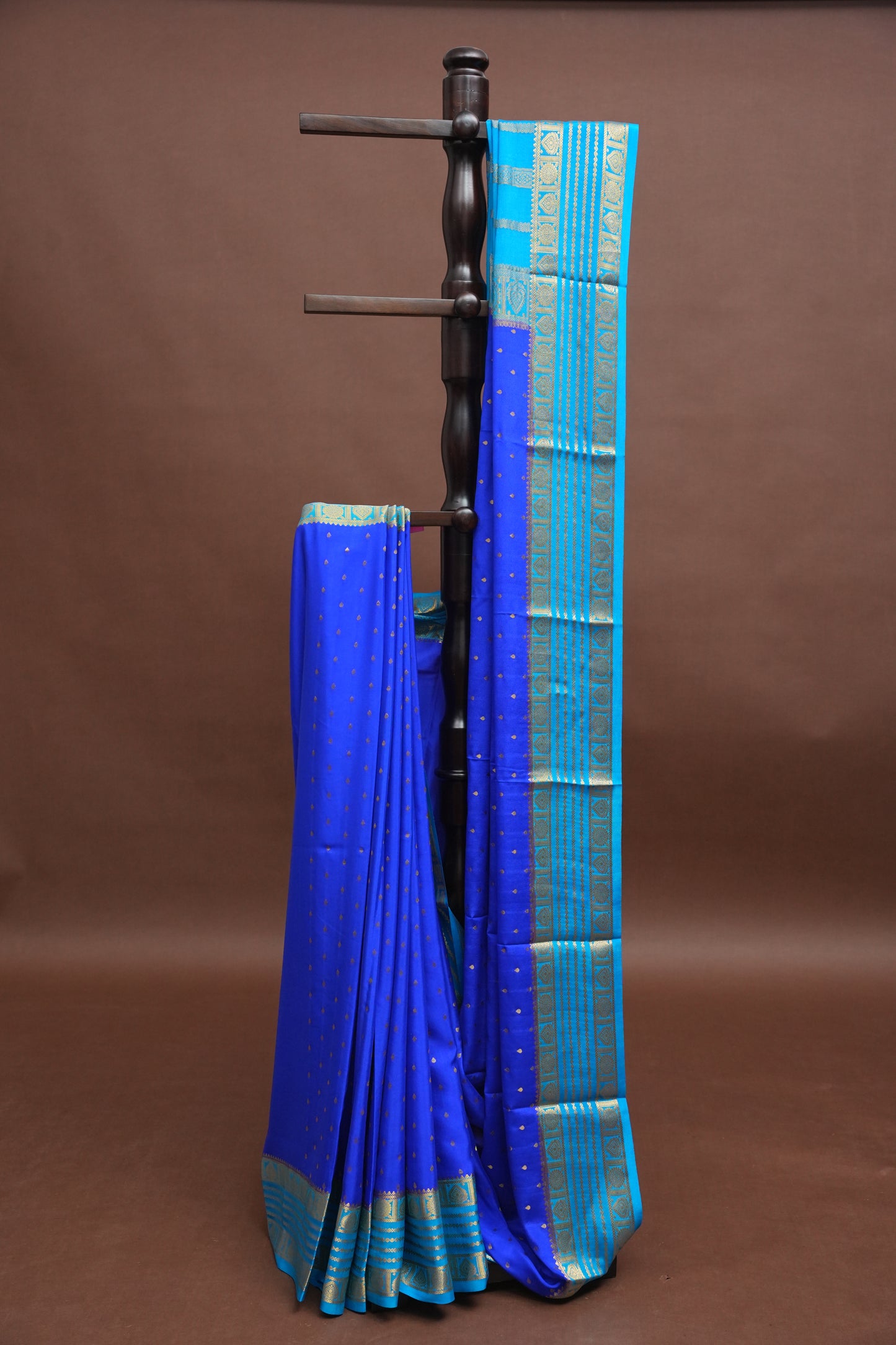 Pure Crepe Mysore Silk Saree in Ink Blue With Contrast Sky Blue Border