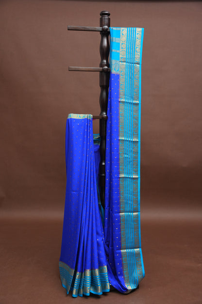 Pure Crepe Mysore Silk Saree in Ink Blue With Contrast Sky Blue Border