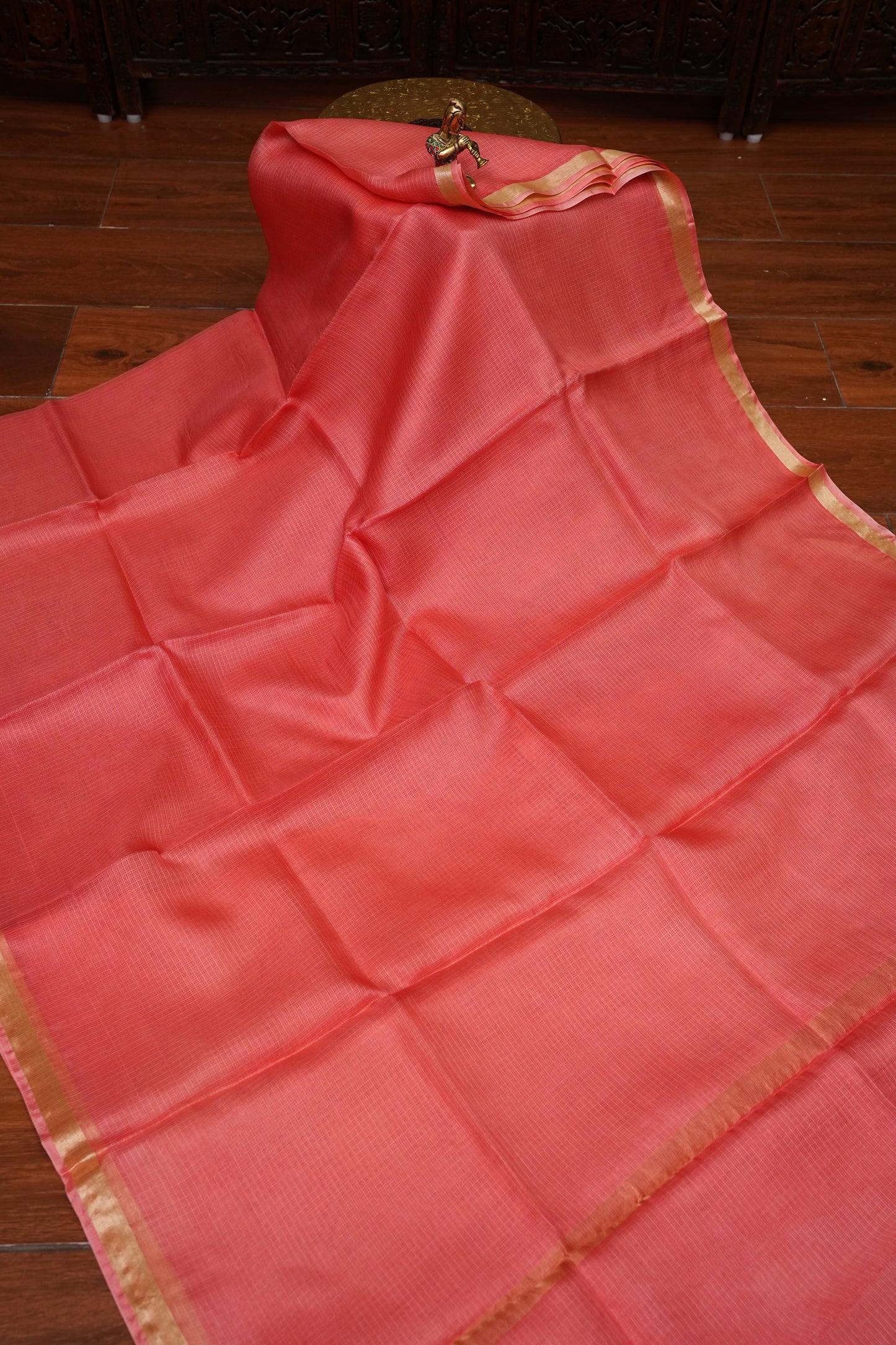 Silk Kota Saree with Gold Zari Border – Coral Pink