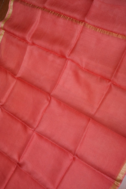 Silk Kota Saree with Gold Zari Border – Coral Pink
