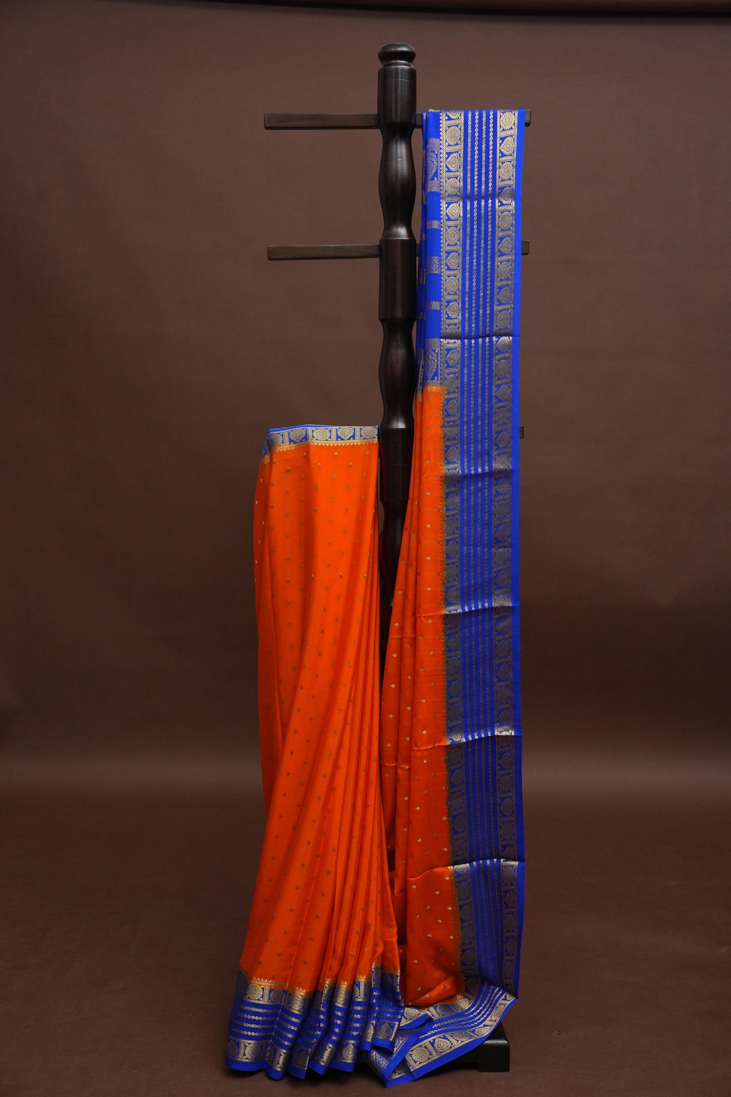 Pure Crepe Mysore Silk Saree in Orange With Contrast Ink Blue Border