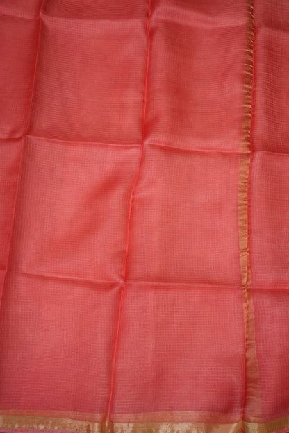 Silk Kota Saree with Gold Zari Border – Coral Pink