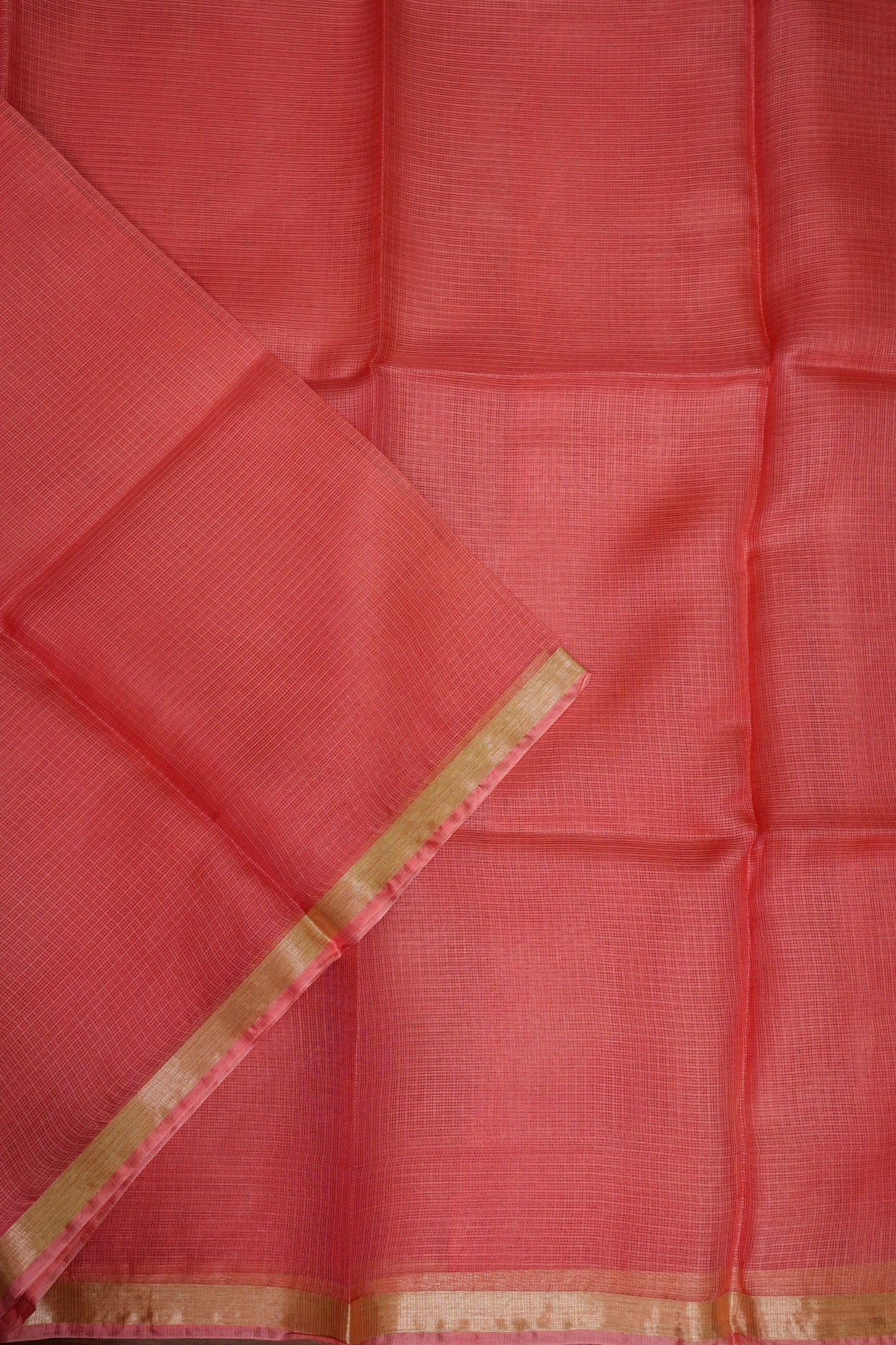 Silk Kota Saree with Gold Zari Border – Coral Pink