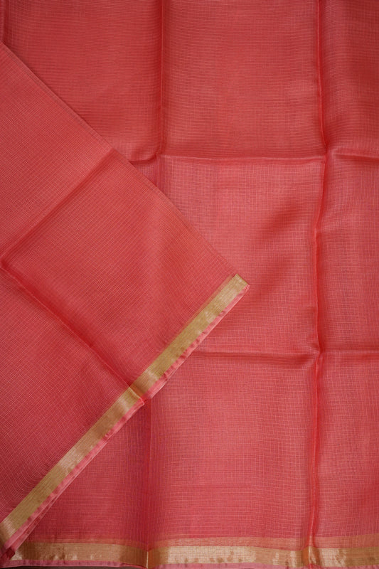Silk Kota Saree with Gold Zari Border – Coral Pink